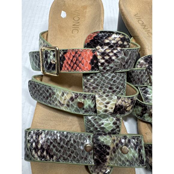 Vionic Amber Sandals 381Radia Snakeskin Green Patent Leather Slip On Size 8 - Picture 2 of 5